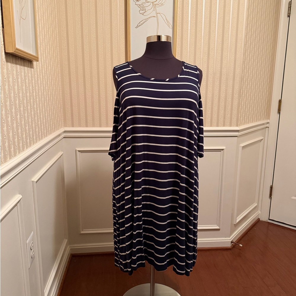 Striped Navy and White Cold-Shoulder Dress